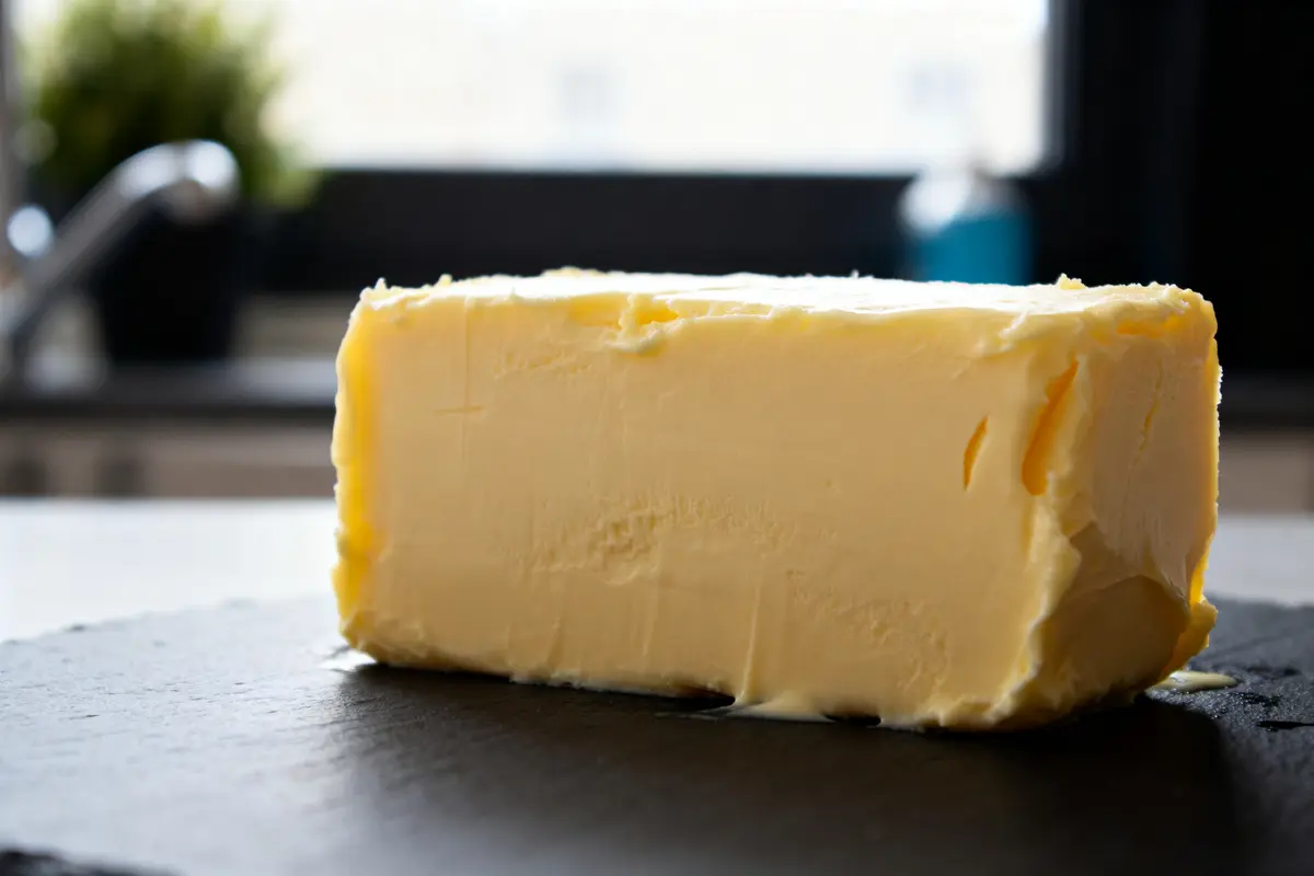 Bloc de beurre patissier sur une planche noire, en cuisine lumineuse