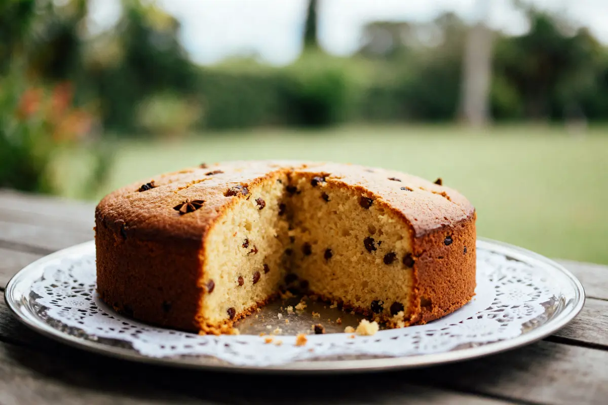 Gâteau de mariage antillais aux raisins sur assiette avec part manquante et paysage flou