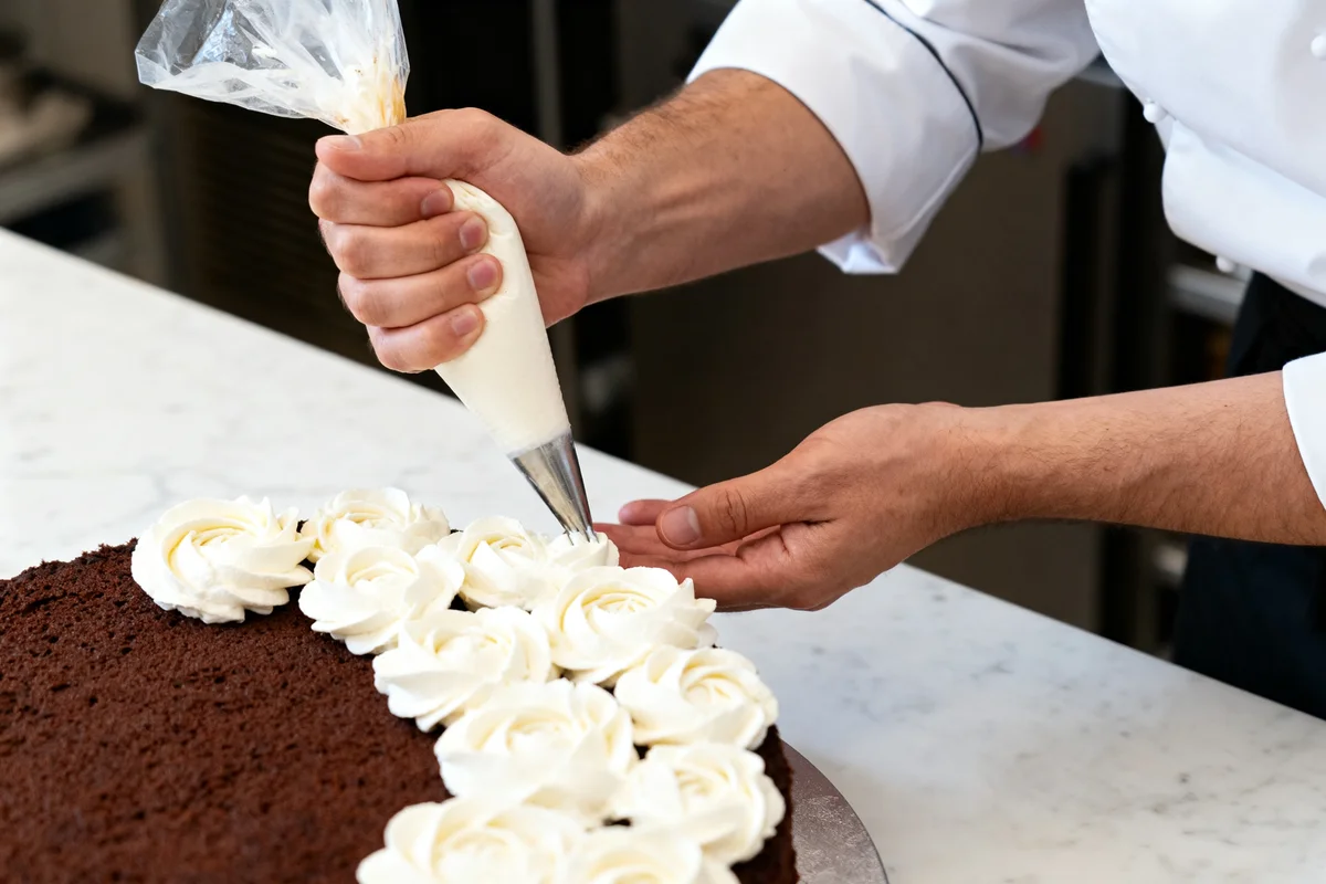 Mains de pâtissier utilisant une poche à douille pour décorer un gâteau